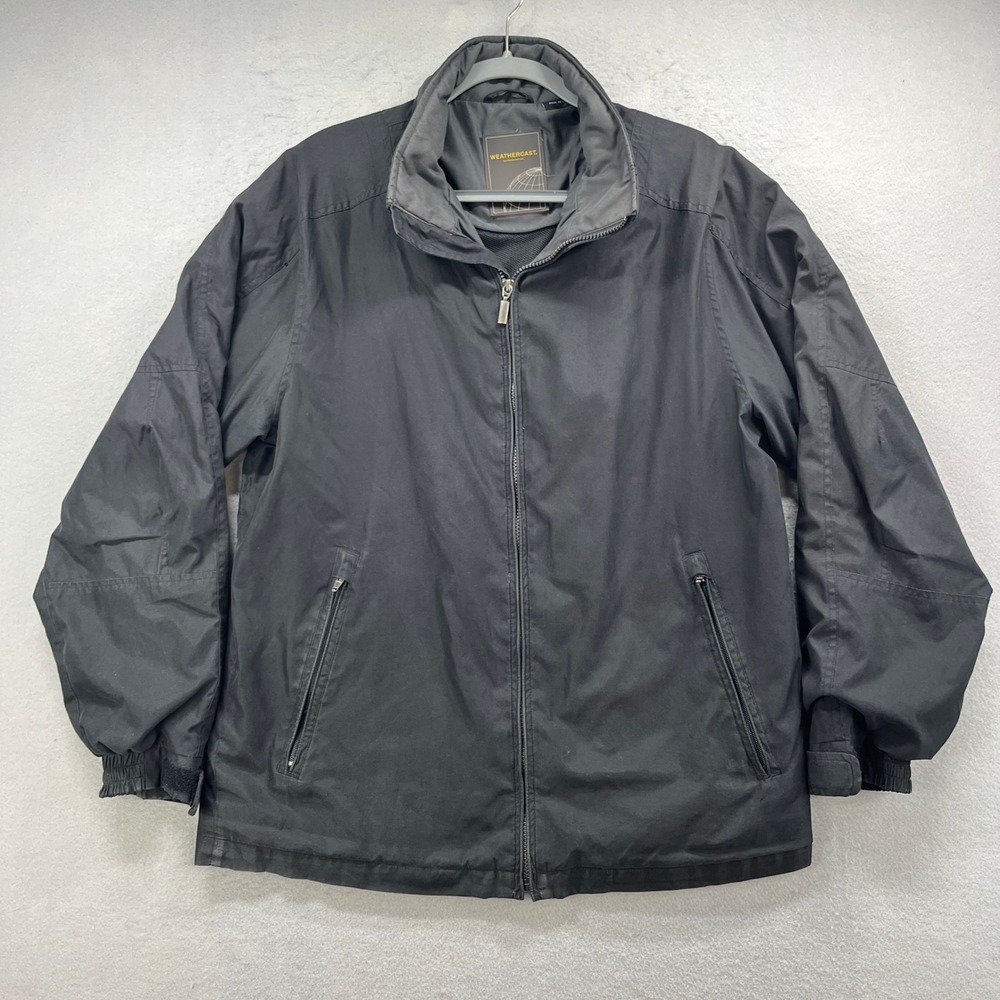 Weathercast Windbreaker Jacket Mens M Black Full Zip Stowaway Hood Gorp Utility